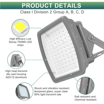 200W Explosion Proof LED Flood Light. Class I Division 2. 26.000 Lumens. 5000K. 100-277V