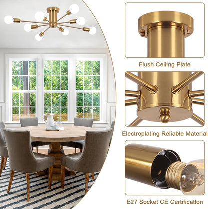 Sputnik Ceiling Light – 8-Light Gold Semi Flush Mount Chandelier. Modern Industrial Ceiling Fixture for Living Room. Bedroom & Kitchen