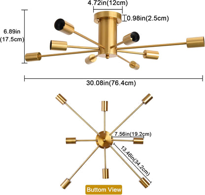 Sputnik Ceiling Light – 8-Light Gold Semi Flush Mount Chandelier. Modern Industrial Ceiling Fixture for Living Room. Bedroom & Kitchen