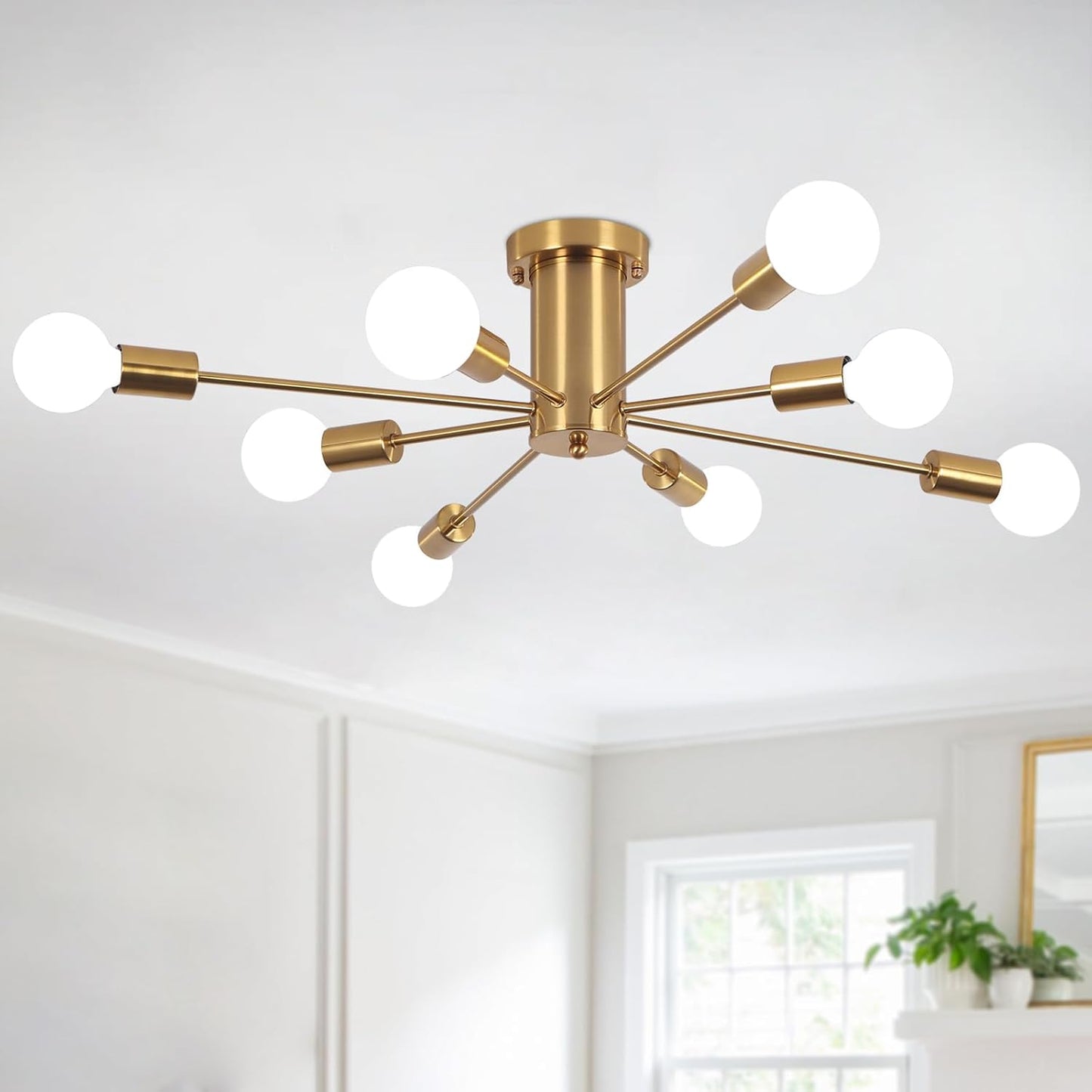 Sputnik Ceiling Light – 8-Light Gold Semi Flush Mount Chandelier. Modern Industrial Ceiling Fixture for Living Room. Bedroom & Kitchen