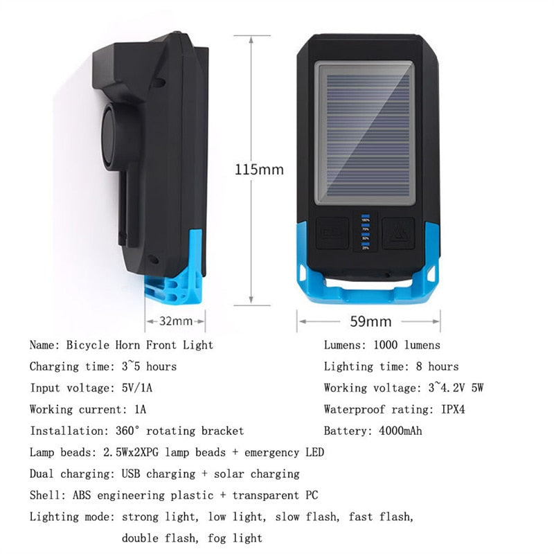 3 IN 1 LED Bike Light Front - USB Rechargeable Solar Horn Phone Holder Cycling Lamp Flashlight For Bicycle Light Lantern