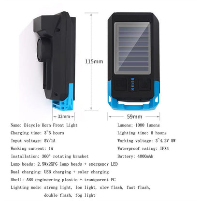 3 IN 1 LED Bike Light Front - USB Rechargeable Solar Horn Phone Holder Cycling Lamp Flashlight For Bicycle Light Lantern