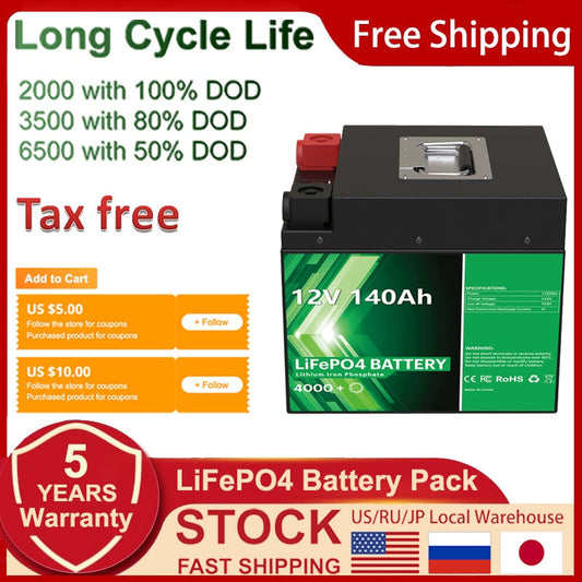 12V 140Ah LiFePO4 Battery Pack - Lithium Ion Battery Solar Rechargeable 4000 Deep Cycle Built-in BMS For Home Storage FREE TAX