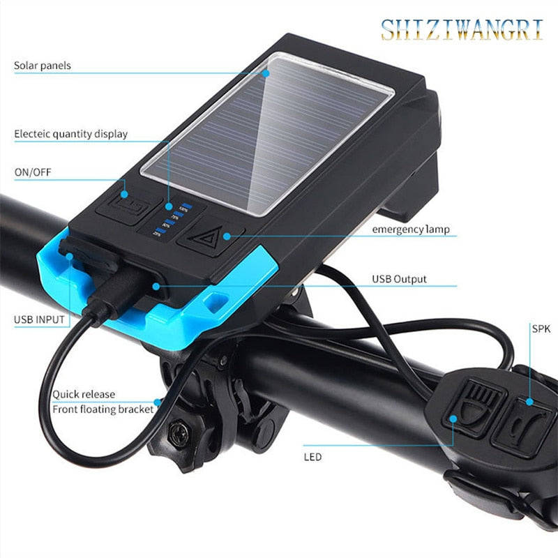 3 IN 1 LED Bike Light Front - USB Rechargeable Solar Horn Phone Holder Cycling Lamp Flashlight For Bicycle Light Lantern