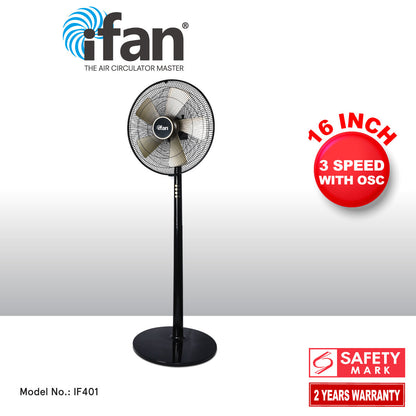 iFan 16 Stand Fan – 5 Blades. Turbo Fan. Vortex Airflow. Adjustable Tilt. Oscillation. Energy-saving. 3-Speed. black. IF401