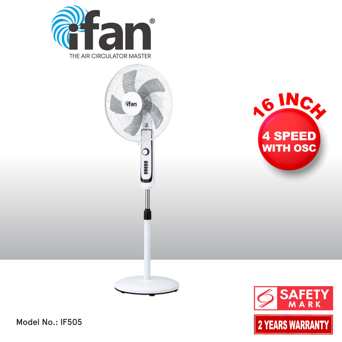 iFan 16 Stand Fan – Powerful Air Circulator. Adjustable Tilt & Height. Oscillation. Timer. Thermal Protection. 4-Speed. white. IF505
