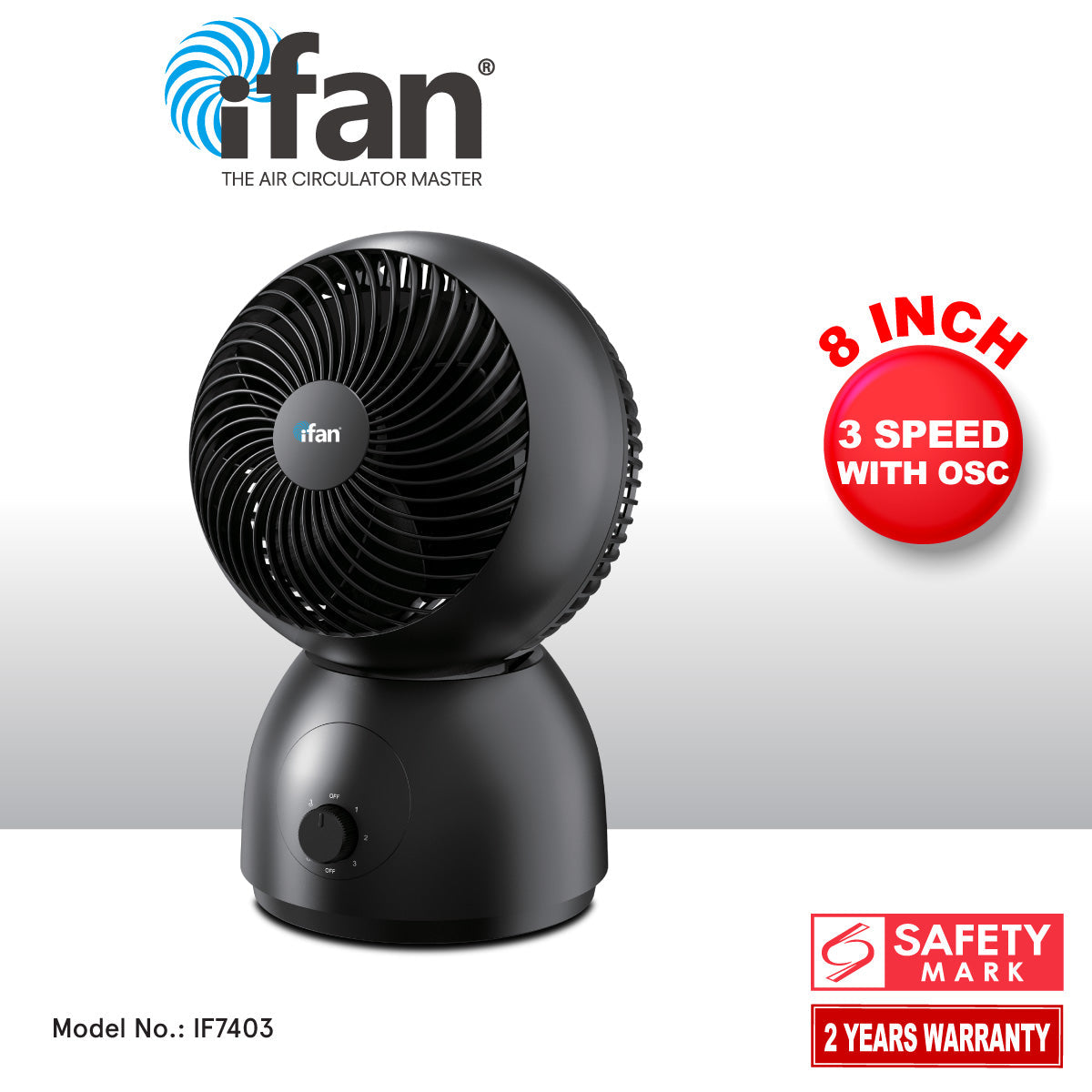 iFan 8 Air Circulator Fan – Concentrated Airflow. Desk Fan. Adjustable Tilt. Oscillation. Portable. Silent. 3-Speed. black. IF7403