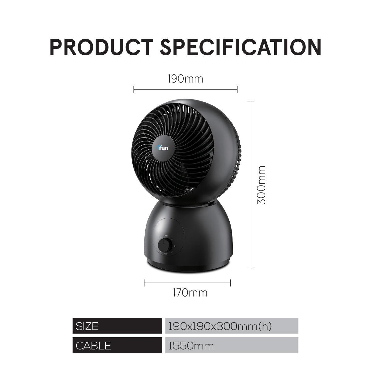 iFan 8 Air Circulator Fan – Concentrated Airflow. Desk Fan. Adjustable Tilt. Oscillation. Portable. Silent. 3-Speed. black. IF7403