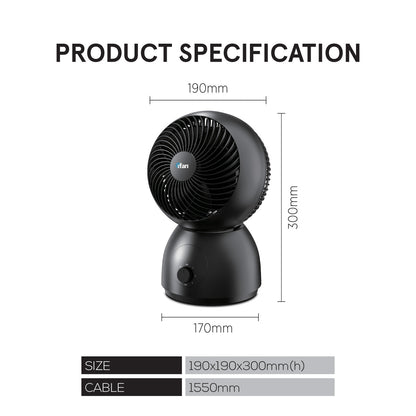 iFan 8 Air Circulator Fan – Concentrated Airflow. Desk Fan. Adjustable Tilt. Oscillation. Portable. Silent. 3-Speed. black. IF7403