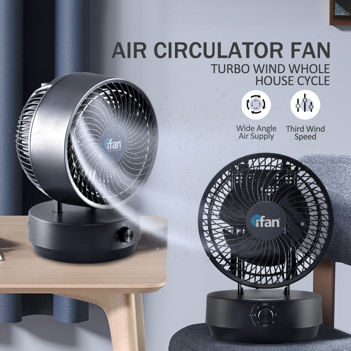 iFan 9 Air Circulator Fan – Concentrated Airflow. Desk Fan. Adjustable Tilt. Oscillation. Portable. Silent. 3-Speed. black. IF7409