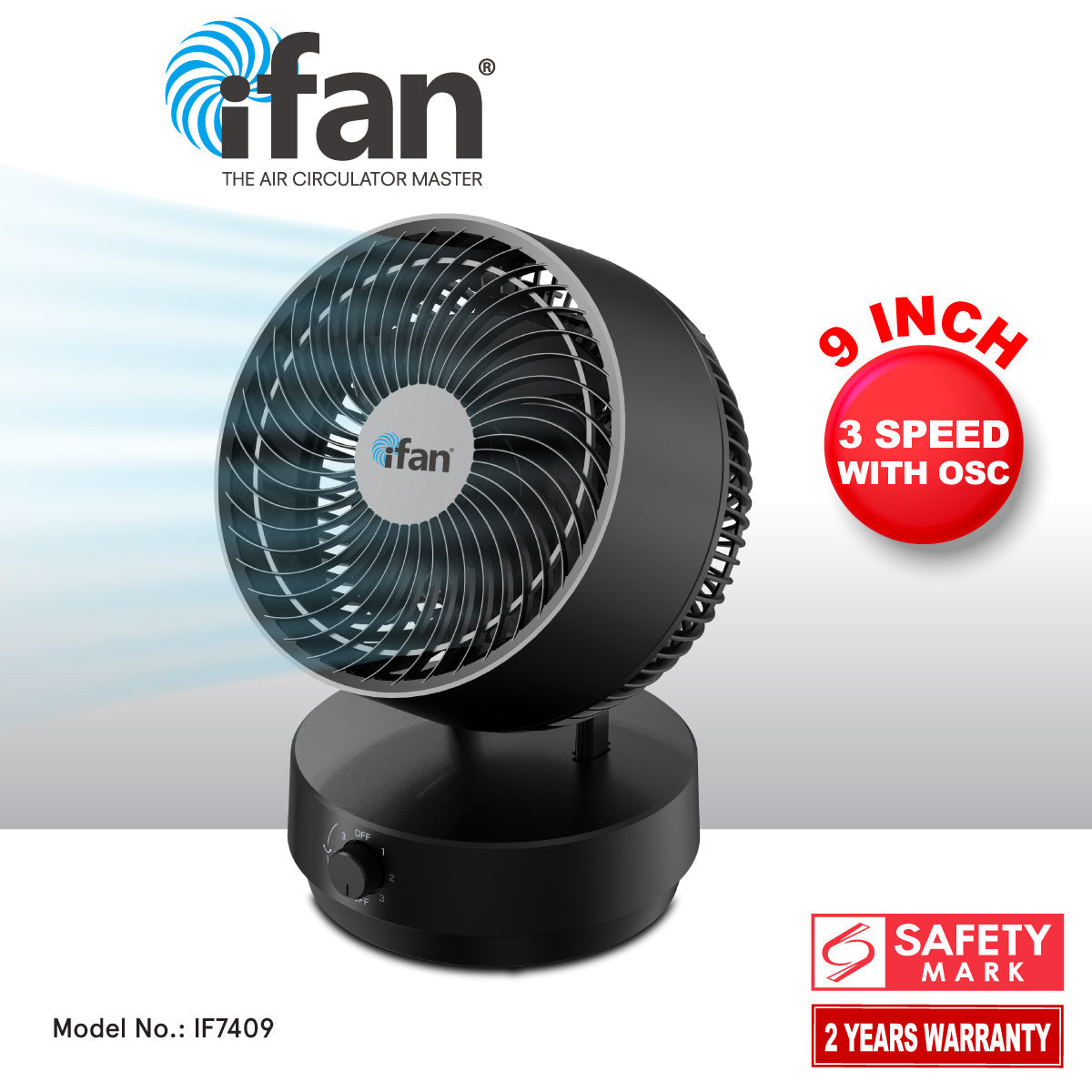iFan 9 Air Circulator Fan – Concentrated Airflow. Desk Fan. Adjustable Tilt. Oscillation. Portable. Silent. 3-Speed. black. IF7409