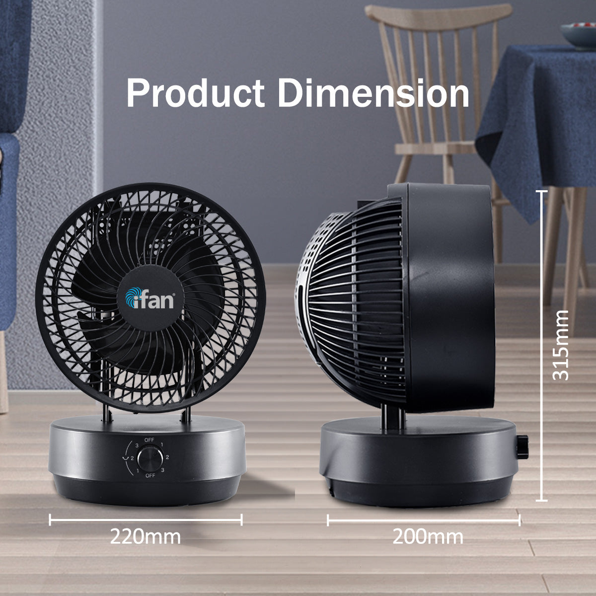 iFan 9 Air Circulator Fan – Concentrated Airflow. Desk Fan. Adjustable Tilt. Oscillation. Portable. Silent. 3-Speed. black. IF7409