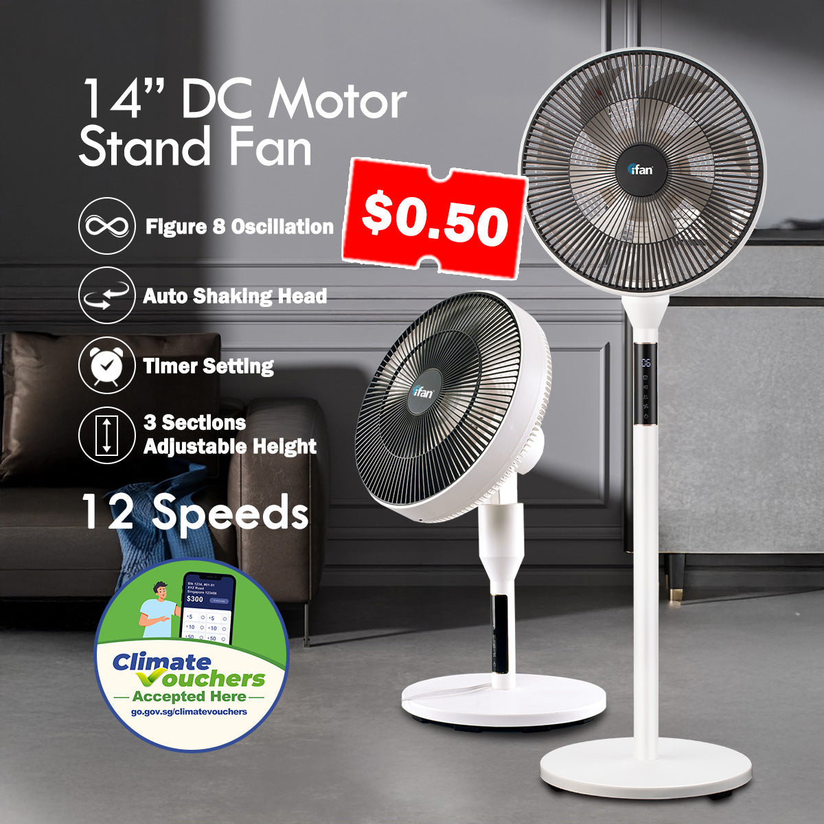 [CLIMATE VOUCHER $400]iFan 14 DC Motor Stand Fan With Figure 8 Oscillation. white. IF7436