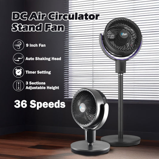 [CLIMATE VOUCHER $400] iFan 9 DC Motor Stand Fan – Remote Control. 180° Tilt. Oscillation. Timer. 3-Adjustable Height. LED Screen. Touch Control. 36-Speed. grey. IF7456