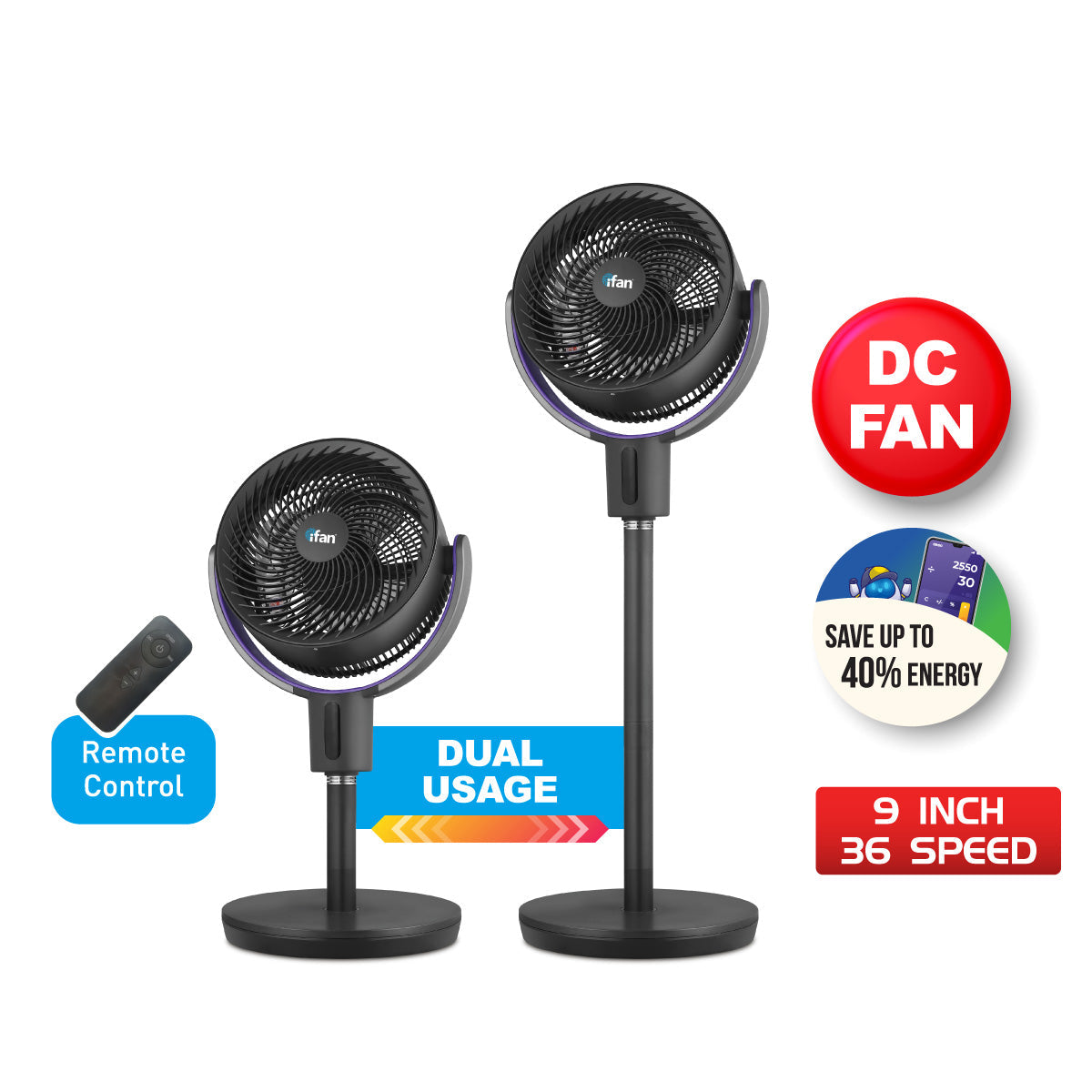 [CLIMATE VOUCHER $400] iFan 9 DC Motor Stand Fan – Remote Control. 180° Tilt. Oscillation. Timer. 3-Adjustable Height. LED Screen. Touch Control. 36-Speed. grey. IF7456