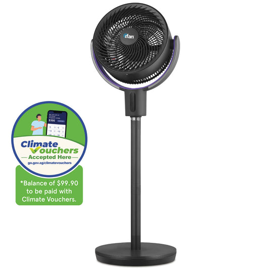 [CLIMATE VOUCHER $400] iFan 9 DC Motor Stand Fan – Remote Control. 180° Tilt. Oscillation. Timer. 3-Adjustable Height. LED Screen. Touch Control. 36-Speed. grey. IF7456