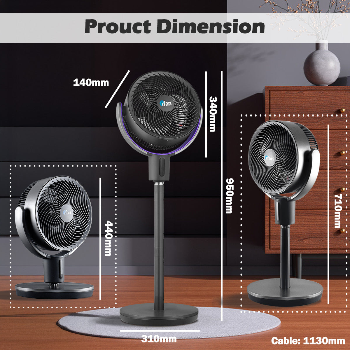[CLIMATE VOUCHER $400] iFan 9 DC Motor Stand Fan – Remote Control. 180° Tilt. Oscillation. Timer. 3-Adjustable Height. LED Screen. Touch Control. 36-Speed. grey. IF7456