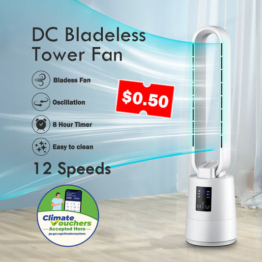[CLIMATE VOUCHER $400]iFan DC Bladeless Tower Fan – Remote Control. Oscillation. Timer. LED Temp Display. 3 Modes. 12-Speed. white. IF7461