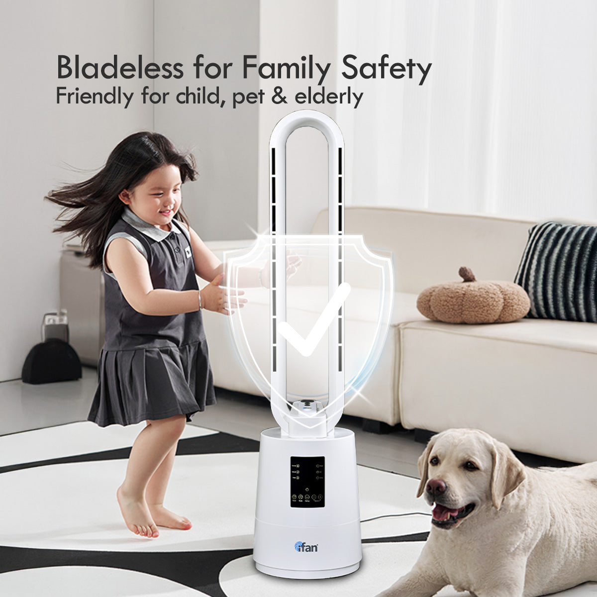 [CLIMATE VOUCHER $400]iFan DC Bladeless Tower Fan – Remote Control. Oscillation. Timer. LED Temp Display. 3 Modes. 12-Speed. white. IF7461