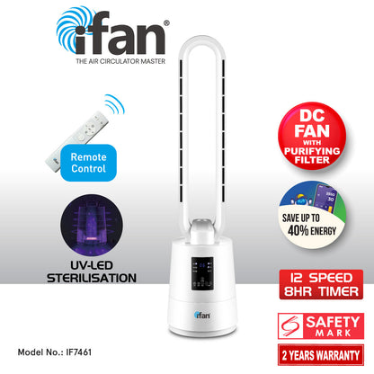 [CLIMATE VOUCHER $400]iFan DC Bladeless Tower Fan – Remote Control. Oscillation. Timer. LED Temp Display. 3 Modes. 12-Speed. white. IF7461