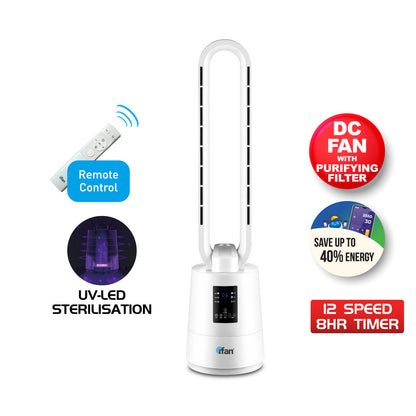 [CLIMATE VOUCHER $400]iFan DC Bladeless Tower Fan – Remote Control. Oscillation. Timer. LED Temp Display. 3 Modes. 12-Speed. white. IF7461