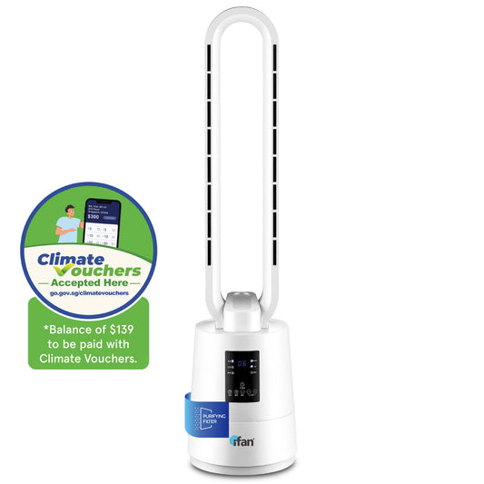 [CLIMATE VOUCHER $400]iFan DC Bladeless Tower Fan – Remote Control. Oscillation. Timer. LED Temp Display. 3 Modes. 12-Speed. white. IF7461