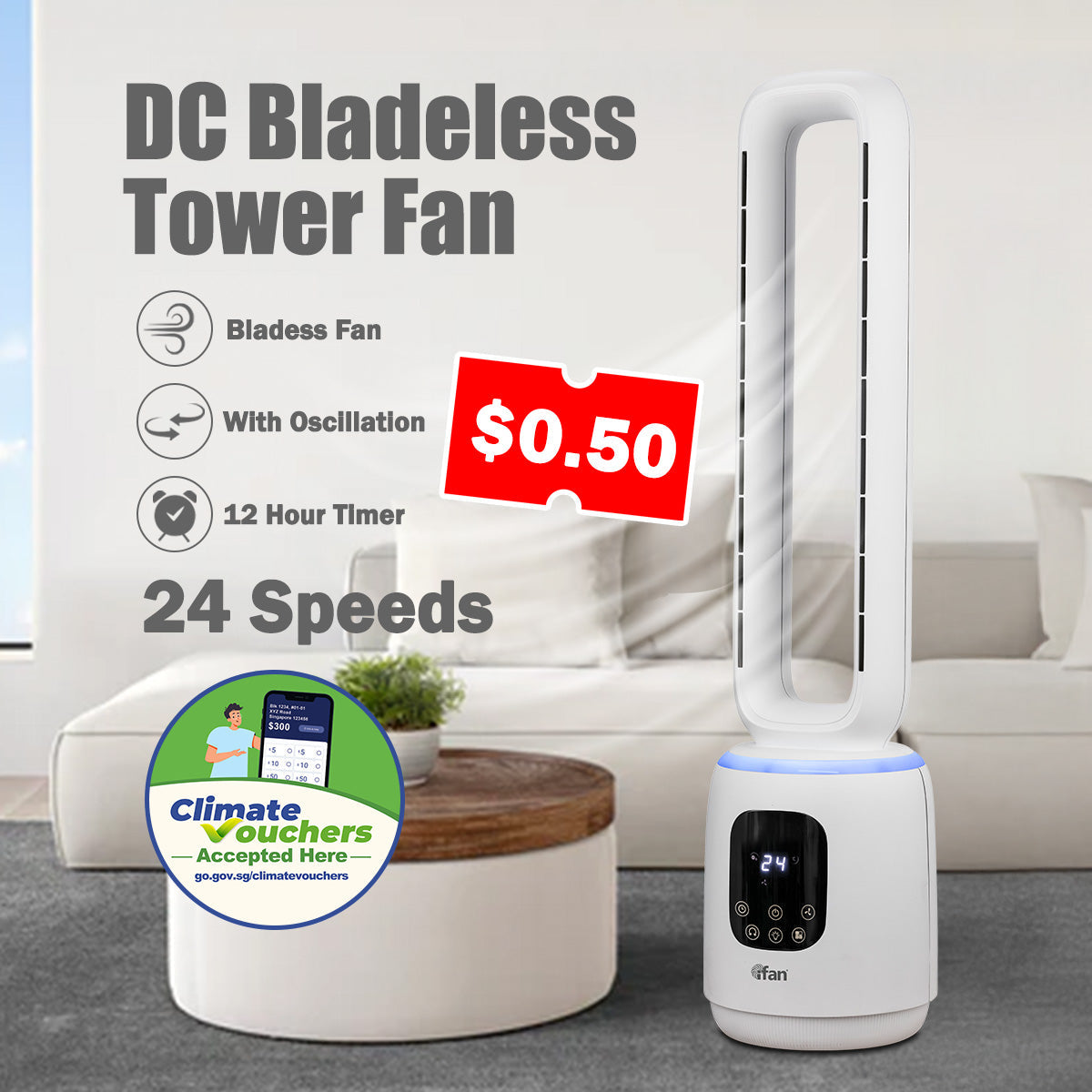 [CLIMATE VOUCHER $400] iFan DC Bladeless Tower Fan – Remote Control. Oscillation. Timer. LED Lamp. Touch-screen. 3 Modes. 24-Speed. IF7463