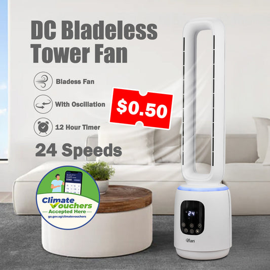 [CLIMATE VOUCHER $400] iFan DC Bladeless Tower Fan – Remote Control. Oscillation. Timer. LED Lamp. Touch-screen. 3 Modes. 24-Speed. IF7463
