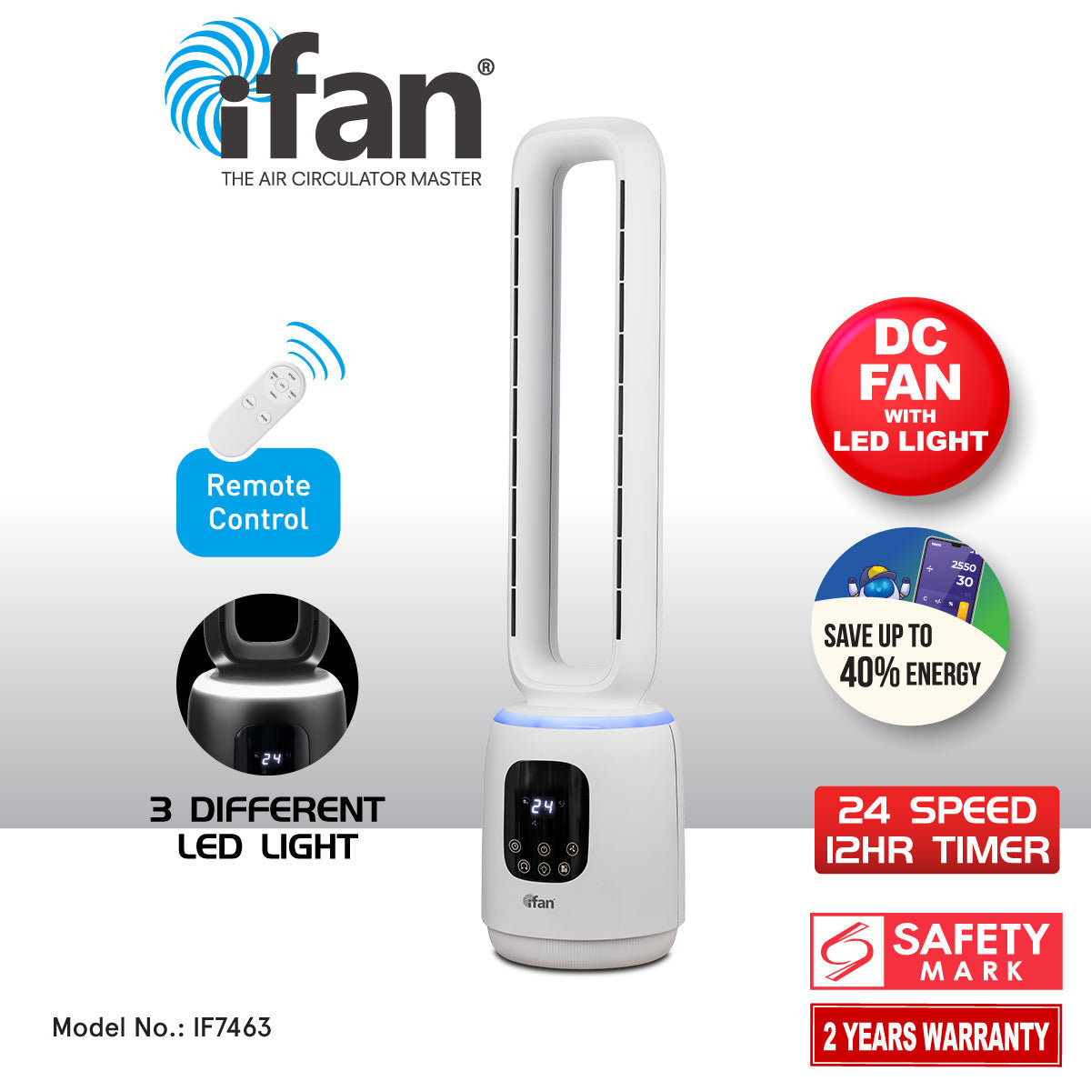 [CLIMATE VOUCHER $400] iFan DC Bladeless Tower Fan – Remote Control. Oscillation. Timer. LED Lamp. Touch-screen. 3 Modes. 24-Speed. IF7463
