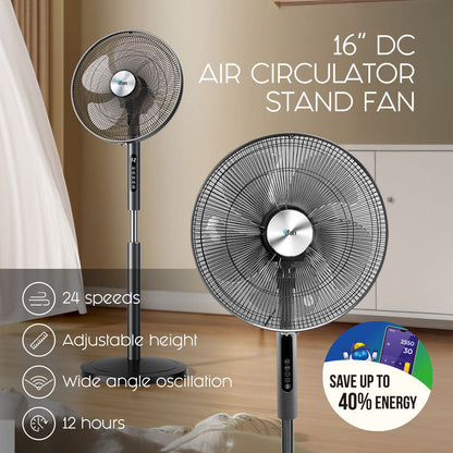 [CLIMATE VOUCHER $400] iFan 16 DC Motor Stand Fan – Remote Control. Adjustable Height & Tilt. Oscillation. Timer. LED Screen. Touch Control. 24-Speed. grey. IF7466