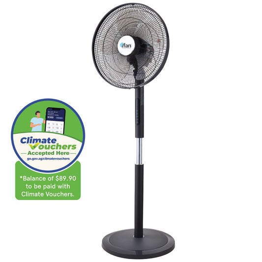 [CLIMATE VOUCHER $400] iFan 16 DC Motor Stand Fan – Remote Control. Adjustable Height & Tilt. Oscillation. Timer. LED Screen. Touch Control. 24-Speed. grey. IF7466