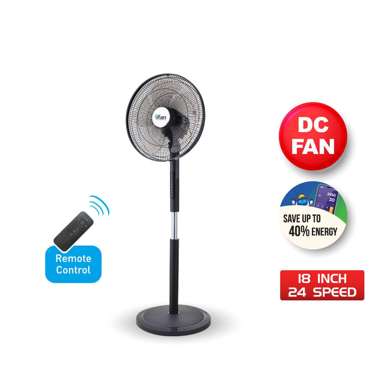 [CLIMATE VOUCHER $400] iFan 18 DC Motor Stand Fan – Remote Control. Adjustable Height & Tilt. Oscillation. Timer. LED Screen. Touch Control. 24-Speed. grey. IF7468