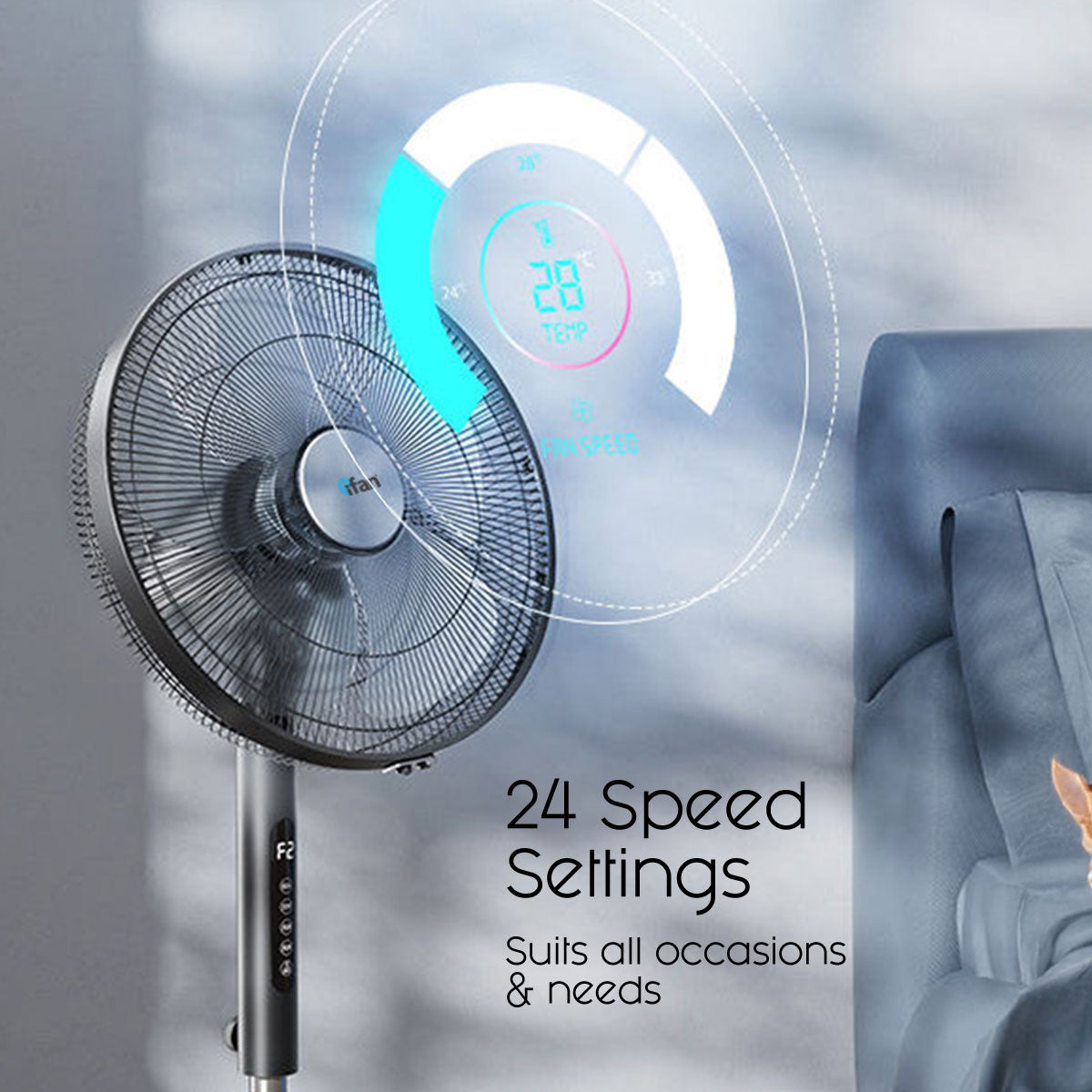 [CLIMATE VOUCHER $400] iFan 18 DC Motor Stand Fan – Remote Control. Adjustable Height & Tilt. Oscillation. Timer. LED Screen. Touch Control. 24-Speed. grey. IF7468