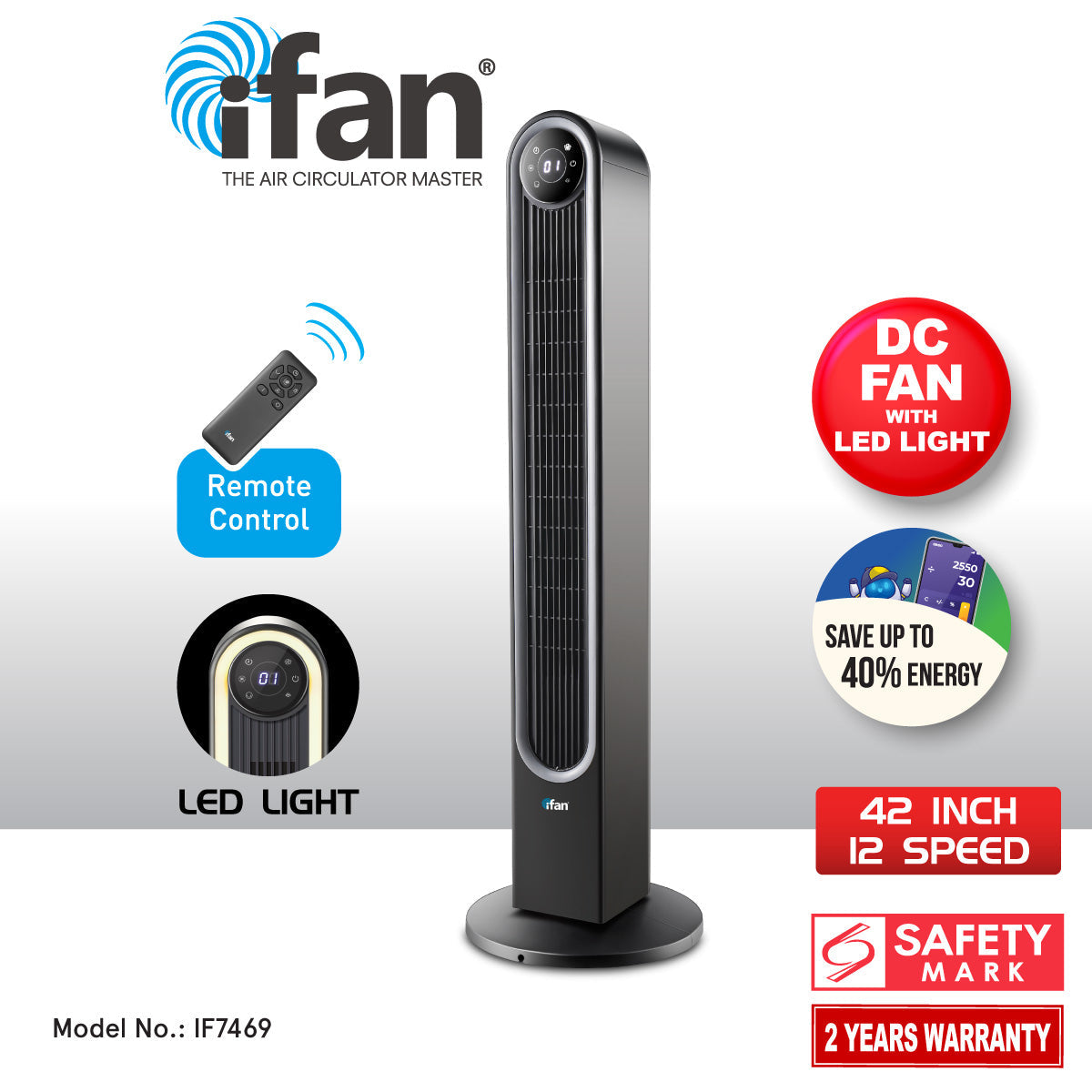 [CLIMATE VOUCHER $400] iFan 42 DC Bladeless Tower Fan – Remote Control. Oscillation. Timer. LED Lamp. Touch-screen. 3 Modes. 24-Speed. black. IF7469