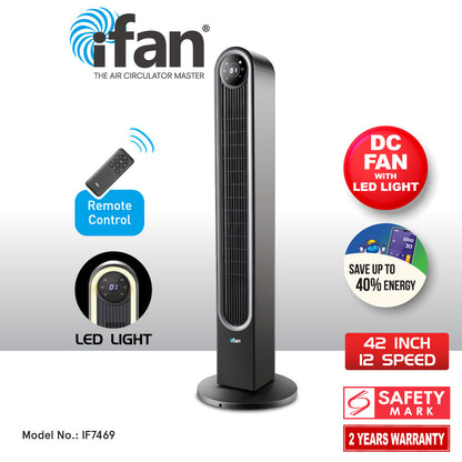 [CLIMATE VOUCHER $400] iFan 42 DC Bladeless Tower Fan – Remote Control. Oscillation. Timer. LED Lamp. Touch-screen. 3 Modes. 24-Speed. black. IF7469