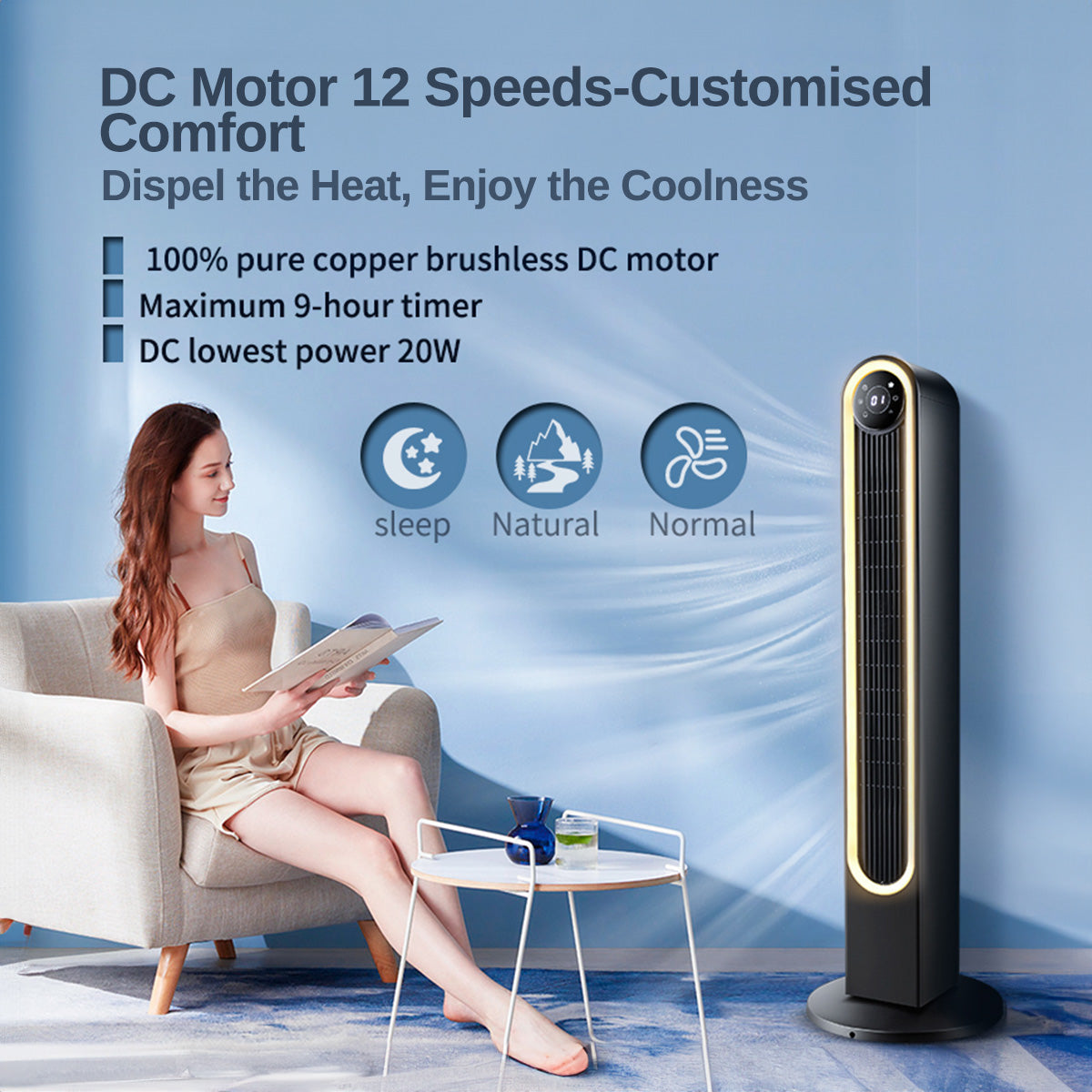 [CLIMATE VOUCHER $400] iFan 42 DC Bladeless Tower Fan – Remote Control. Oscillation. Timer. LED Lamp. Touch-screen. 3 Modes. 24-Speed. black. IF7469