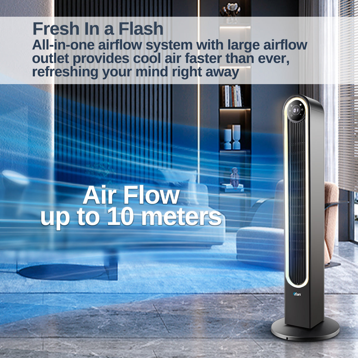 [CLIMATE VOUCHER $400] iFan 42 DC Bladeless Tower Fan – Remote Control. Oscillation. Timer. LED Lamp. Touch-screen. 3 Modes. 24-Speed. black. IF7469
