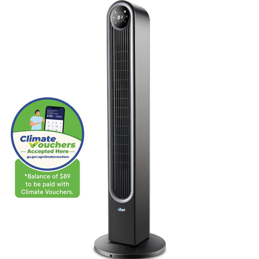 [CLIMATE VOUCHER $400] iFan 42 DC Bladeless Tower Fan – Remote Control. Oscillation. Timer. LED Lamp. Touch-screen. 3 Modes. 24-Speed. black. IF7469