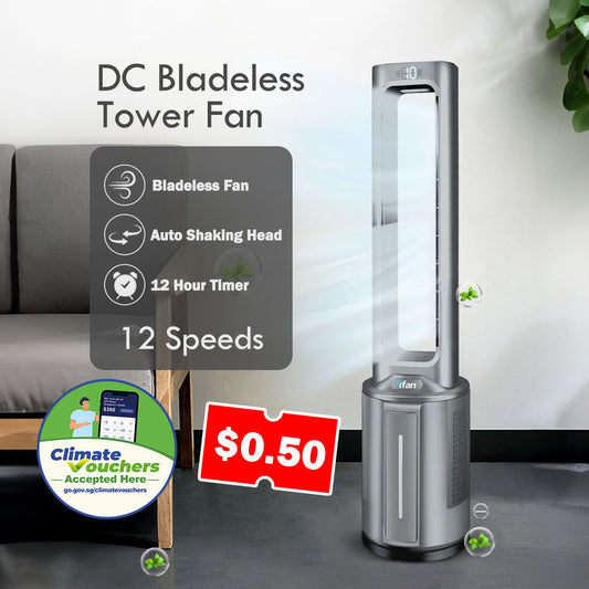 [CLIMATE VOUCHER $400] iFan DC Bladeless Tower Fan -Remote Control. Oscillation. Timer. LED Lamp. grey. IF7477