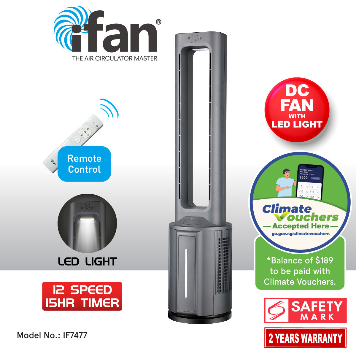 [CLIMATE VOUCHER $400] iFan DC Bladeless Tower Fan -Remote Control. Oscillation. Timer. LED Lamp. grey. IF7477
