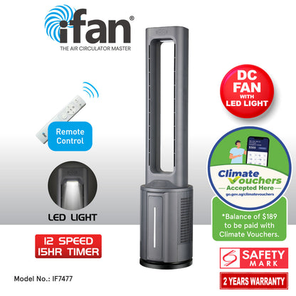 [CLIMATE VOUCHER $400] iFan DC Bladeless Tower Fan -Remote Control. Oscillation. Timer. LED Lamp. grey. IF7477