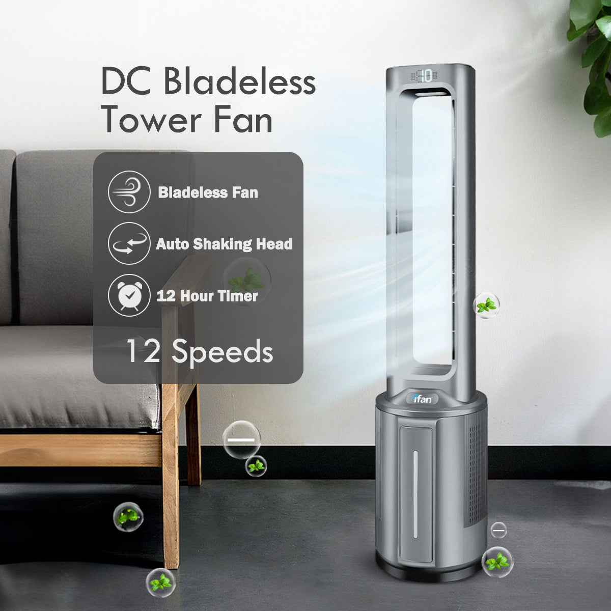 [CLIMATE VOUCHER $400] iFan DC Bladeless Tower Fan -Remote Control. Oscillation. Timer. LED Lamp. grey. IF7477