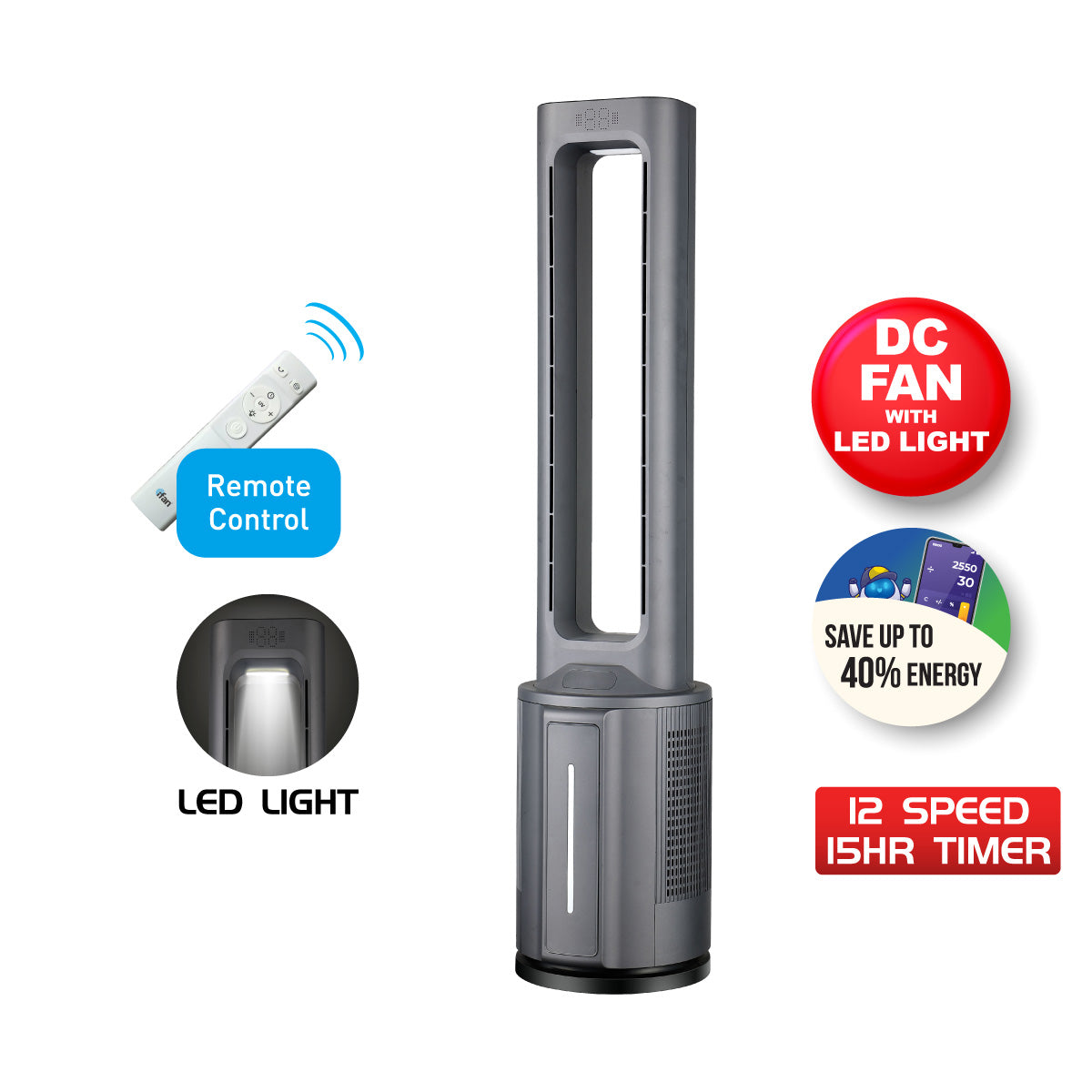 [CLIMATE VOUCHER $400] iFan DC Bladeless Tower Fan -Remote Control. Oscillation. Timer. LED Lamp. grey. IF7477
