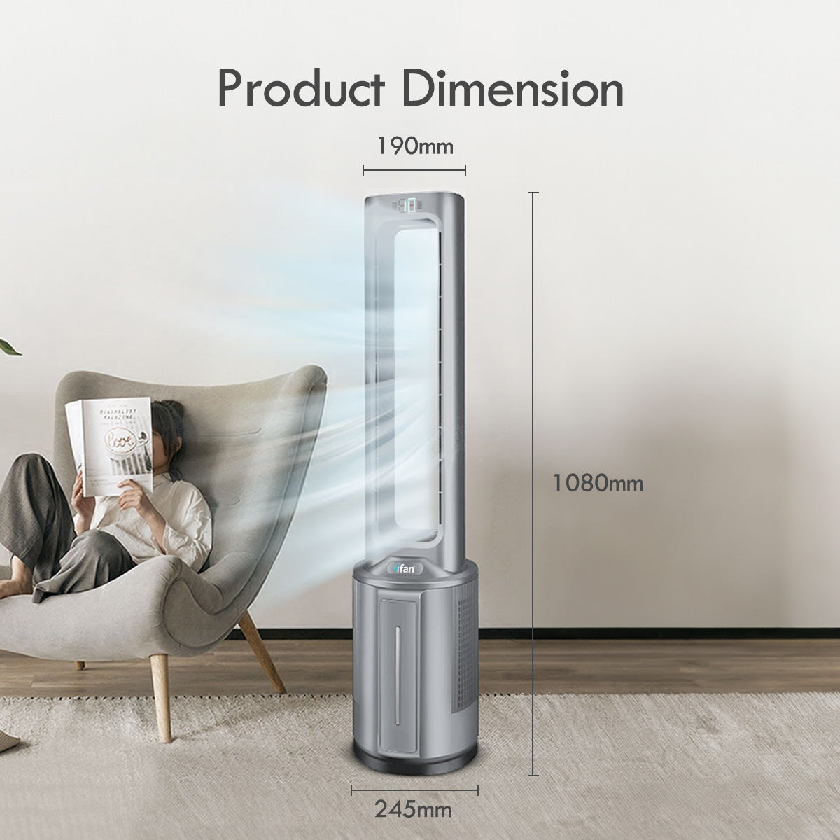 [CLIMATE VOUCHER $400] iFan DC Bladeless Tower Fan -Remote Control. Oscillation. Timer. LED Lamp. grey. IF7477