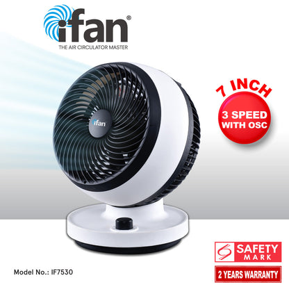 iFan 7 Air Circulator Fan - Turbo. Powerful Airflow. Desk Fan. Adjustable Tilt. Oscillation. Portable. 3-Speed. black & white. IF7530