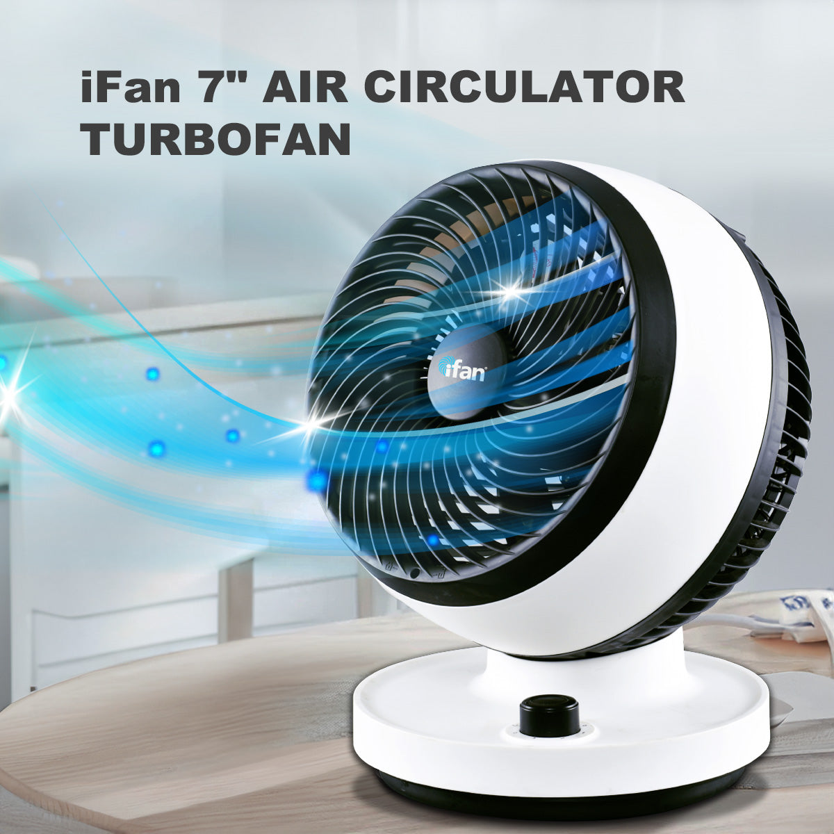 iFan 7 Air Circulator Fan - Turbo. Powerful Airflow. Desk Fan. Adjustable Tilt. Oscillation. Portable. 3-Speed. black & white. IF7530