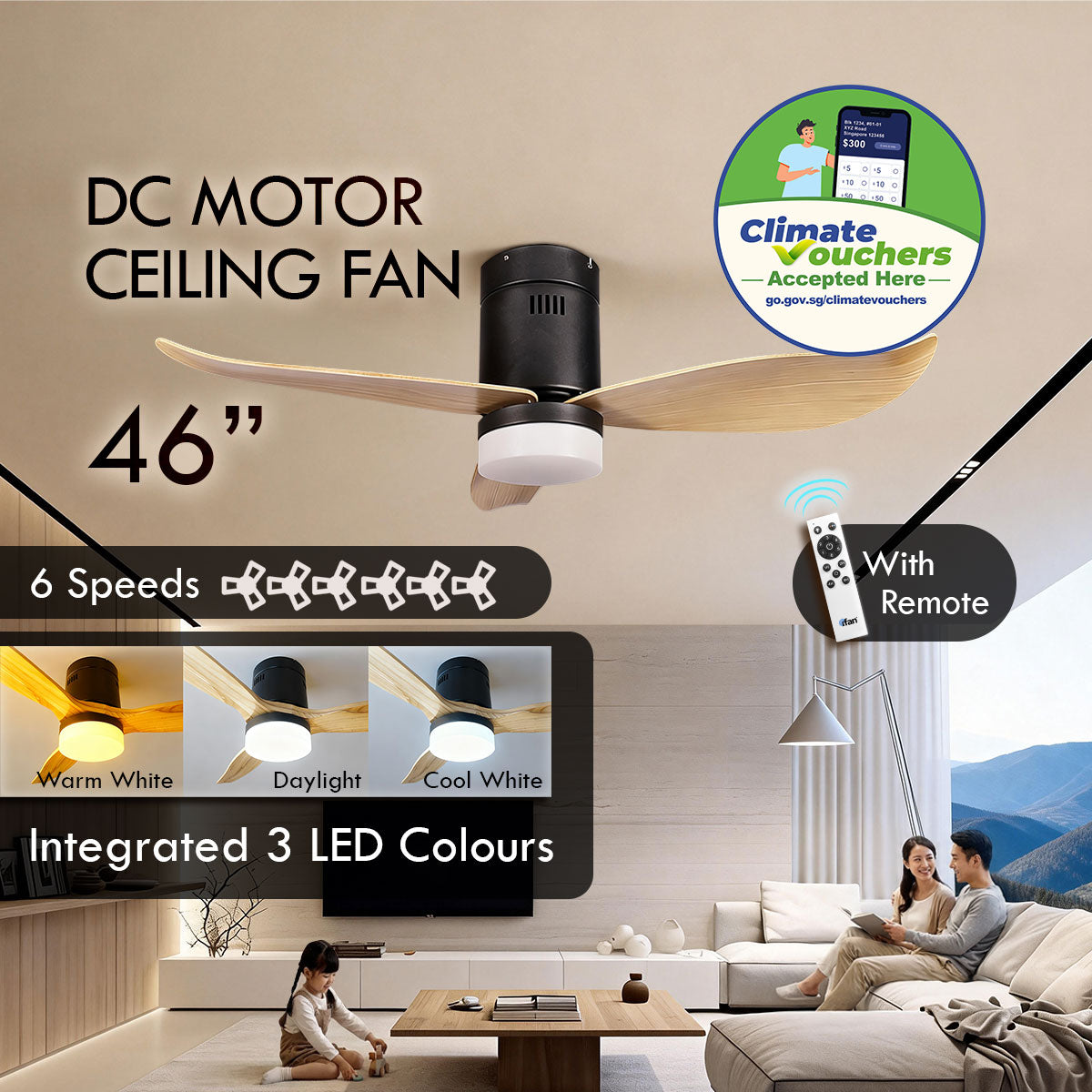 [CLIMATE VOUCHER $400] iFan 46in DC Motor Ceiling Fan | Integrated 3-Colour LED Lights | 6 Speed Selection (IF8346DGGY)