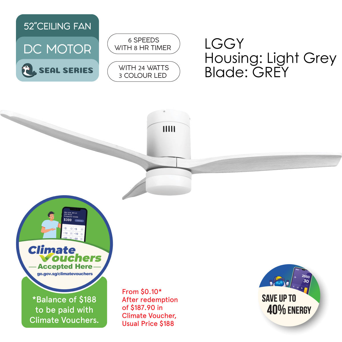 [CLIMATE VOUCHER $400] iFan 52in DC Motor Ceiling Fan | Integrated 3-Colour LED Lights | 6 Speed Selection (IF8352LGGY)