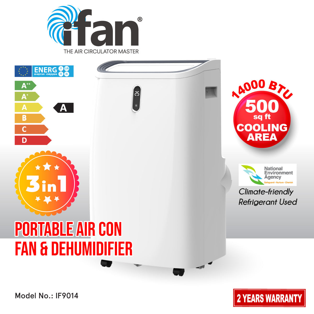 iFan Portable Aircon - 3in1 Portable Air Conditioner / Fan / Dehumidifier. Remote Control. 14000 BTU. cools 700 sq feet. white. IF9014
