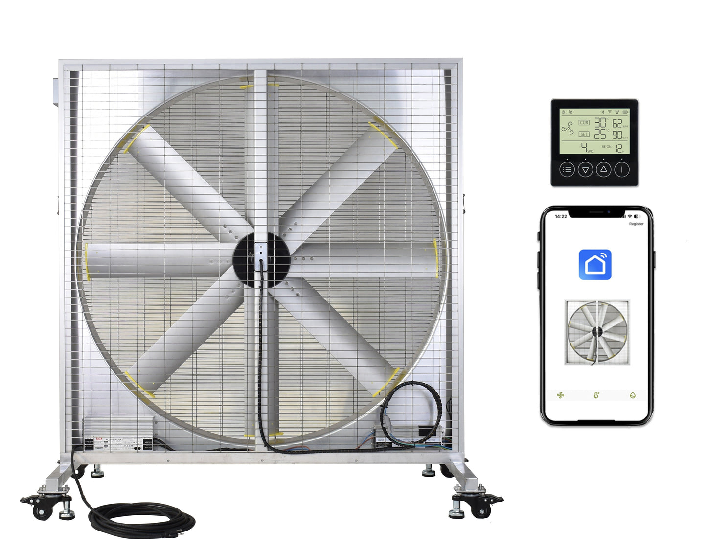 ILG-54-Solar-S : iLIVING 54 Inch Mobile Industrial Floor Fan. 375W. 28000 CFM High Velocity Cooling. Smart App & Remote Control. Mobile Wheeled Design. IP68 Waterproof. Washdown. Quiet Brushless DC Motor